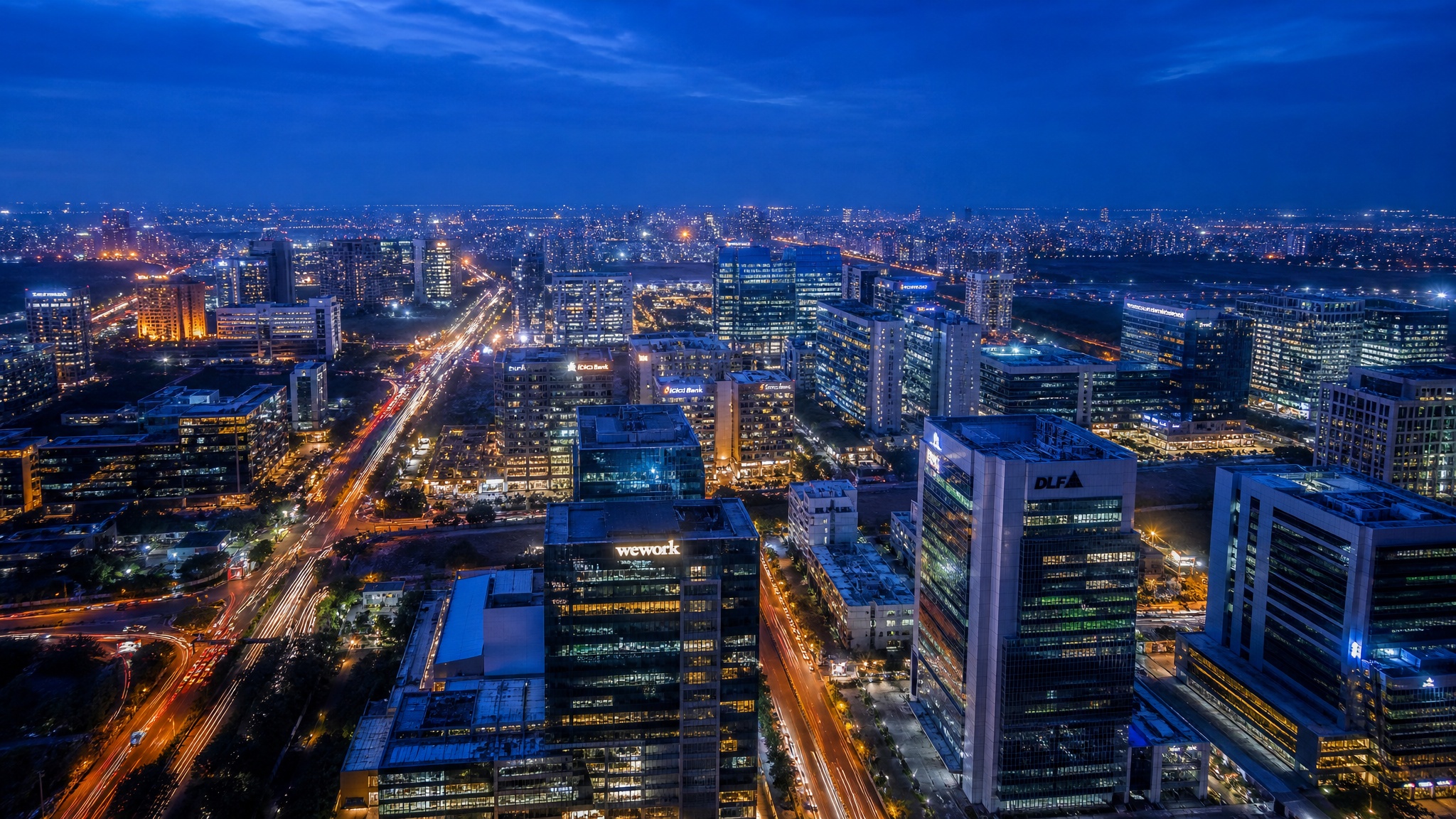 Aerial view of Indian metropolitan business district at twilight — India's technology leadership